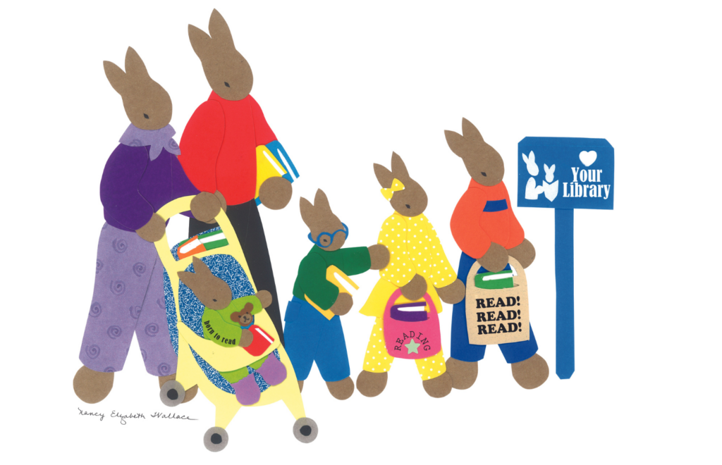 Illustrated family of rabbits going to the library