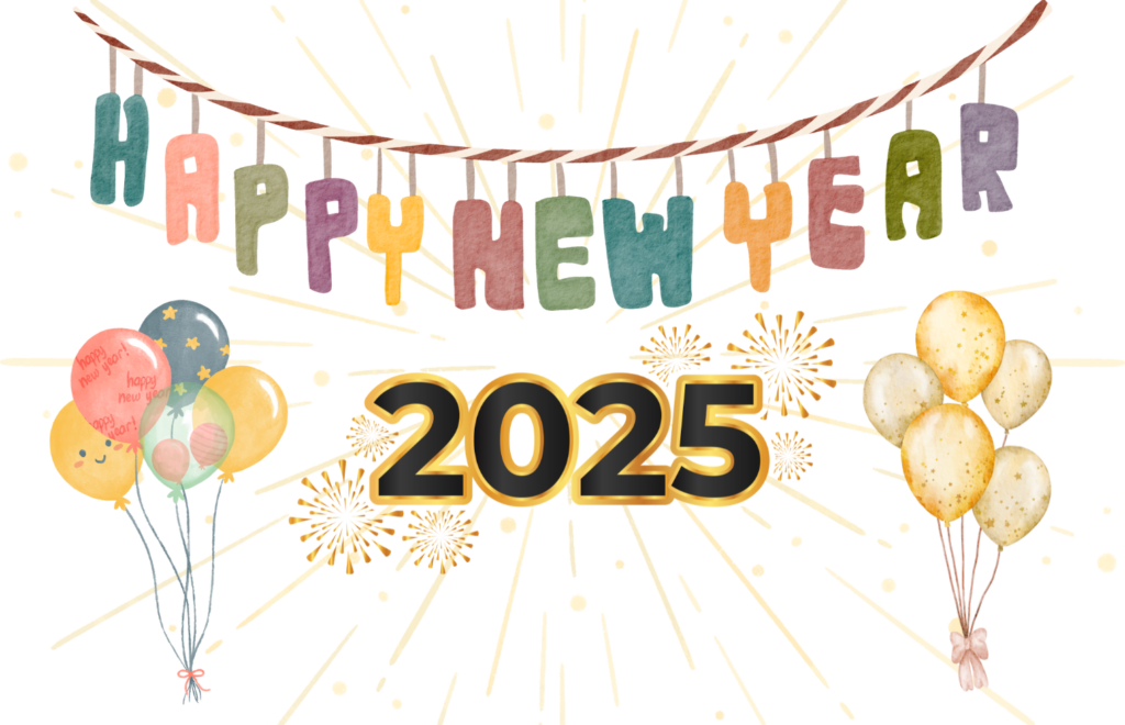 Happy New Year Banner with balloons and 2025