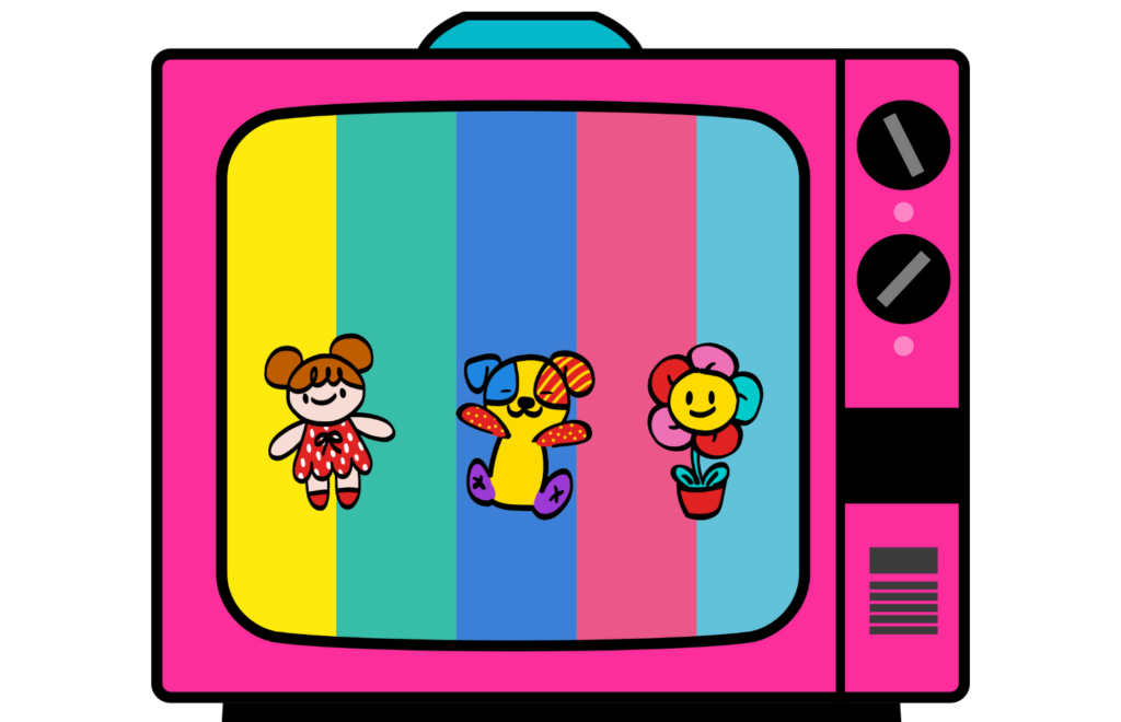 TV with error message and dancing toys